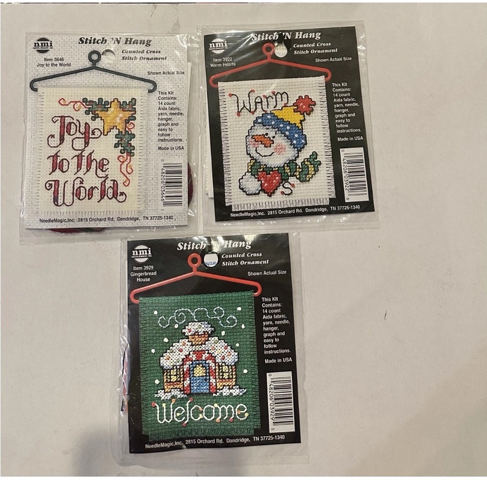Stitch and Hang Cross Stitch Kits Mini Small Lot of 3 Ornaments 2.5”x3” New